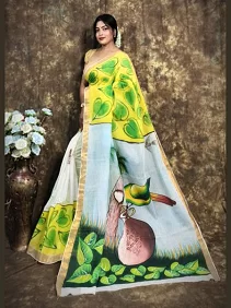 Kerala Cotton Hand-Painted Saree – Artistic Elegance with Blouse Piece