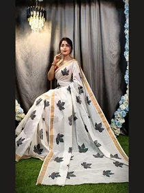 Kerala Cotton Hand-Painted Saree – Artistic Elegance with Blouse Piece