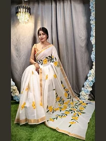 Kerala Cotton Hand-Painted Saree – Artistic Elegance with Blouse Piece