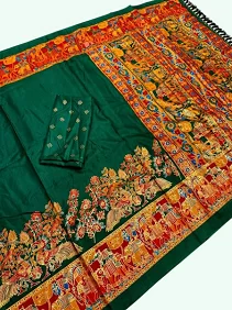 Premium Dola Silk Saree – Golden Print Elegance with Blouse Piece