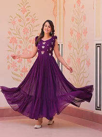 Designer Gown | Women’s Party Wear Gown | Readymade Embroidered Gown | Sleeveless Designer Gown | Embroidered Faux Blooming Gown with Frill Shoulder