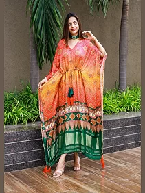 Designer Satin Kaftan – Printed Elegance with Fancy Latkan & Lace Detailing | Women’s Kaftan | Printed Satin Kaftan Dress | Free Size Ethnic Wear