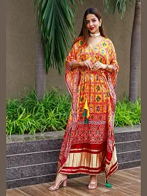 Designer Satin Kaftan – Printed Elegance with Fancy Latkan & Lace Detailing | Women’s Kaftan | Printed Satin Kaftan Dress | Free Size Ethnic Wear