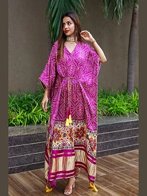 Designer Satin Kaftan – Printed Elegance with Fancy Latkan & Lace Detailing | Women’s Kaftan | Printed Satin Kaftan Dress | Free Size Ethnic Wear
