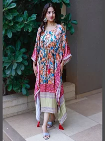 Designer Satin Kaftan – Printed Elegance with Fancy Latkan & Lace Detailing | Women’s Kaftan | Printed Satin Kaftan Dress | Free Size Ethnic Wear