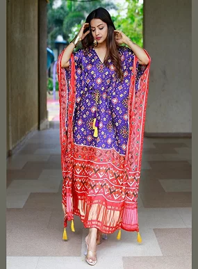 Designer Satin Kaftan – Printed Elegance with Fancy Latkan & Lace Detailing | Women’s Kaftan | Printed Satin Kaftan Dress | Free Size Ethnic Wear