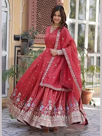 Premium Embroidered Gown with Dupatta – Viscose Cosmos with Foil & Zari Sequins Work |  Women's Ethnic Gown Set | Readymade Gown with Dupatta | Festive & Wedding Wear