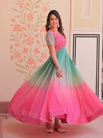 Premium Gold Crush Designer Gown – Beads Embroidered Elegance | Women's Readymade Gown | Designer Ethnic Wear | Party & Occasion Wear