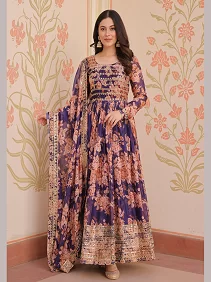Premium Russian Silk Embroidered Gown with Dupatta – Designer Collection | Women's Readymade Gown with Dupatta | Festive & Occasion Wear | Embroidered Party Gown