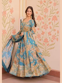Premium Russian Silk Embroidered Gown with Dupatta – Designer Collection | Women's Readymade Gown with Dupatta | Festive & Occasion Wear | Embroidered Party Gown