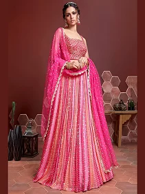 Wedding Lehenga in Pure Chinnon Silk – Pink Bridal Lehenga with Mirror Work & Sequins | Festive & Bridal Wear Set