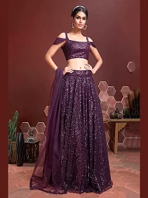 Purple Soft Net Sequins Embroidered Wedding Lehenga with Cold-Shoulder Blouse & Dupatta | Party & Bridal Wear