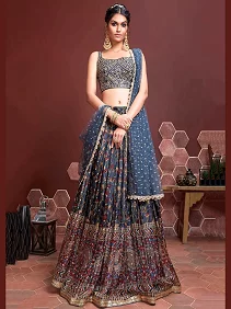 Buy Royal Blue Kalamkari Lehenga Set with Mirror Work Blouse & Dupatta – Designer Bridal Wear Online