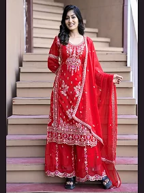 Red Embroidered Kurti Plazzo Dupatta Set | Faux Georgette 3-Piece Party Wear Dress for Women