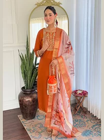 Women's Viscose Reyon Embroidered Top and Bottom Set with Printed Jacquard Butti Dupatta | Size S to 3XL | Orange Suit Set
