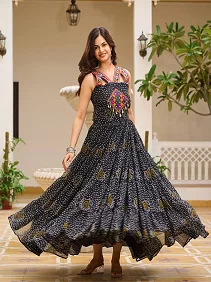 Navratri Gamathi Work Gown for Women | Bandhani Georgette | Real Mirror Work | 12 Meter Flair | Fully Stitched | Black Gown