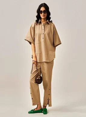 Premium Cotton Slub Co-Ord Set for Women | Stylish Bold Shade Top & Pant with Side Buttons & Pockets | Light Beige Colour | Casual Wear | Size- M, L, XL, XXL
