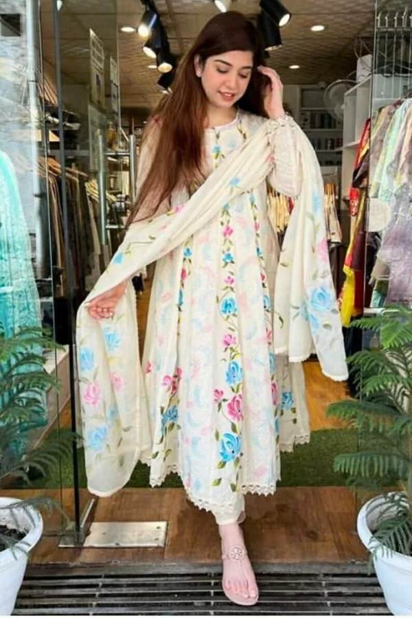 White Chikankari Printed Suit Set | Cotton Silk Fabric | 3-Piece Set with Kurta, Dupatta & Pant | Party & Ethnic Wear