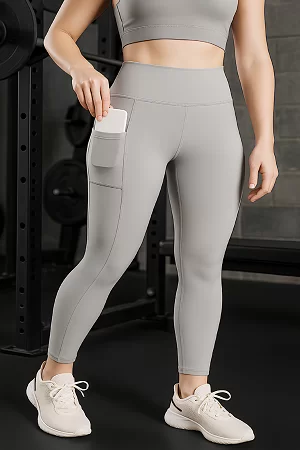 WUGO High-Waist Tights for Women – 4-Way Stretch, Side Pockets, Moisture-Wicking | Sports Leggings | Grey