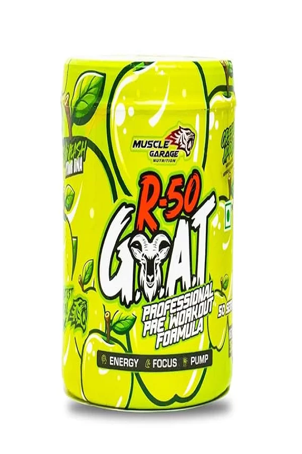 Muscle Garage R-50 GOAT Pre-Workout| Energy, Focus, Strength & Muscle Pump Booster | 50 Servings – Explosive Performance Supplement | 350 gm (350gm, Green Apple)