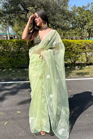 Organza Silk Saree with Gota & Resham Work | Gota Border | Raw Silk Blouse | Festive Wear