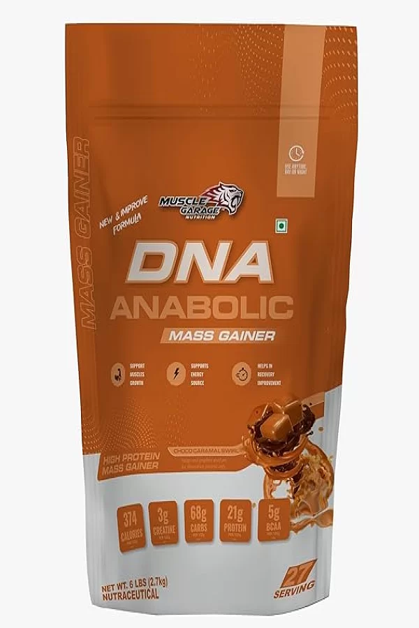 Muscle Garage Mass Gainer | High Protein Weight Gainer for Muscle Size, Strength & Recovery | 374 gm Calories, 68gm Cabs, 21 gm Protein| Choco-Caramel Flavor | 2.7Kg - 6Lbs