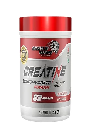 Muscle Garage Creatine Pre-Workout| Pure Micronized Creatine Monohydrate Powder| Unflavoured | Boosts Strength, Power & Performance | Lab Tested (250 gm)