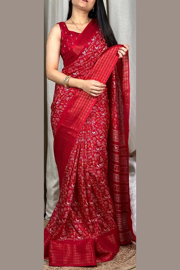 Red Colour Kalamkari Print Cotton Saree for Women – Soft Cotton Saree with Sequin & Zari Border and Printed Blouse