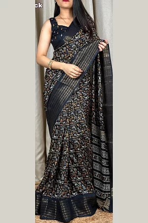 Black Colour Kalamkari Print Cotton Saree for Women – Soft Cotton Saree with Sequin & Zari Border and Printed Blouse