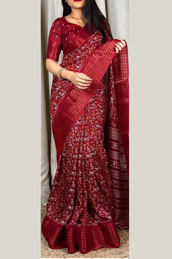 Maroon Colour Kalamkari Print Cotton Saree for Women – Soft Cotton Saree with Sequin & Zari Border and Printed Blouse