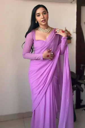 Ready to Wear 1-Minute Saree – Lavender Pure Soft Georgette Silk Saree with Blouse | Lightweight & Easy to Drape