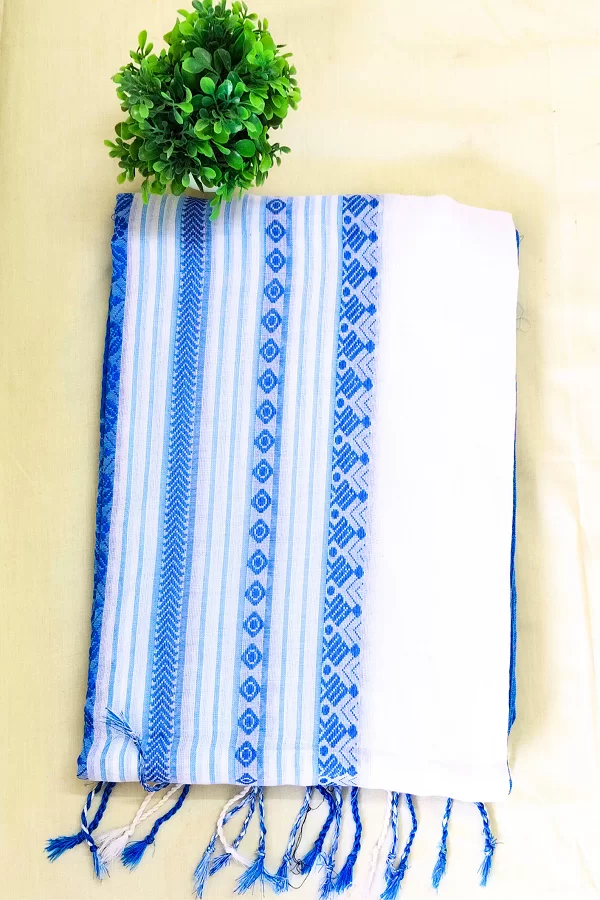Begampuri Soft Handloom Tant Saree – White & Light Blue Beauty