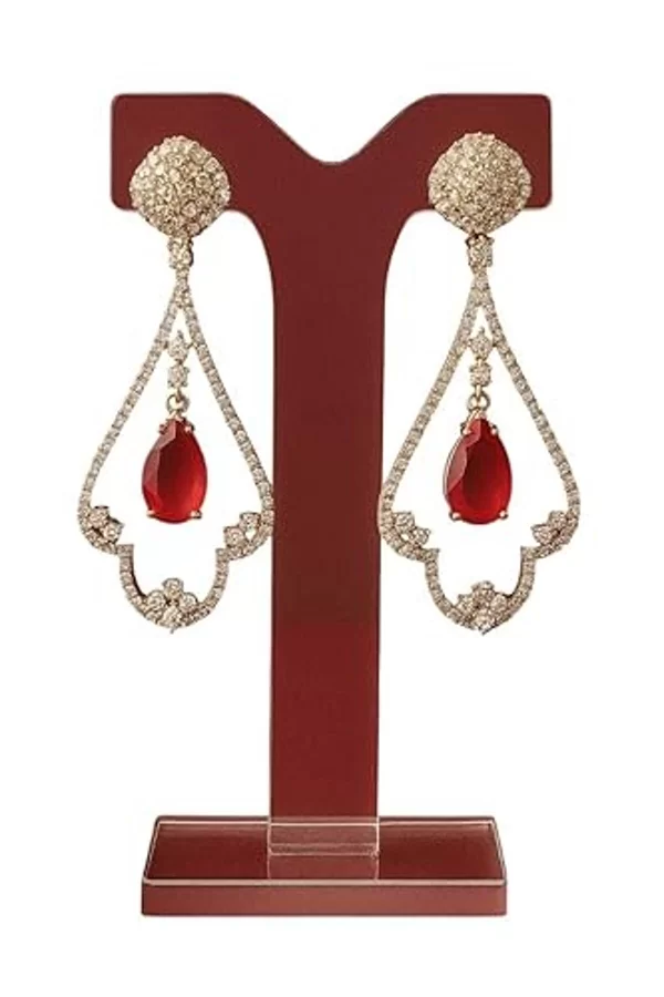 Crystal Drop Earrings with Red Stone, Gold-Plated Teardrop Design, Rhinestone Chandelier Dangle