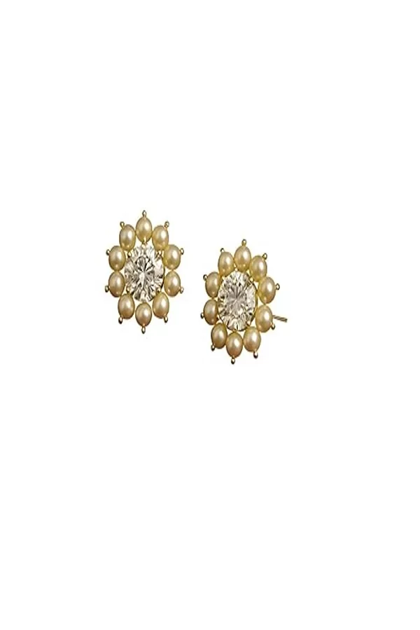 Elegant Pearl and Crystal Flower Stud Earrings, Gold-Toned, Floral Design