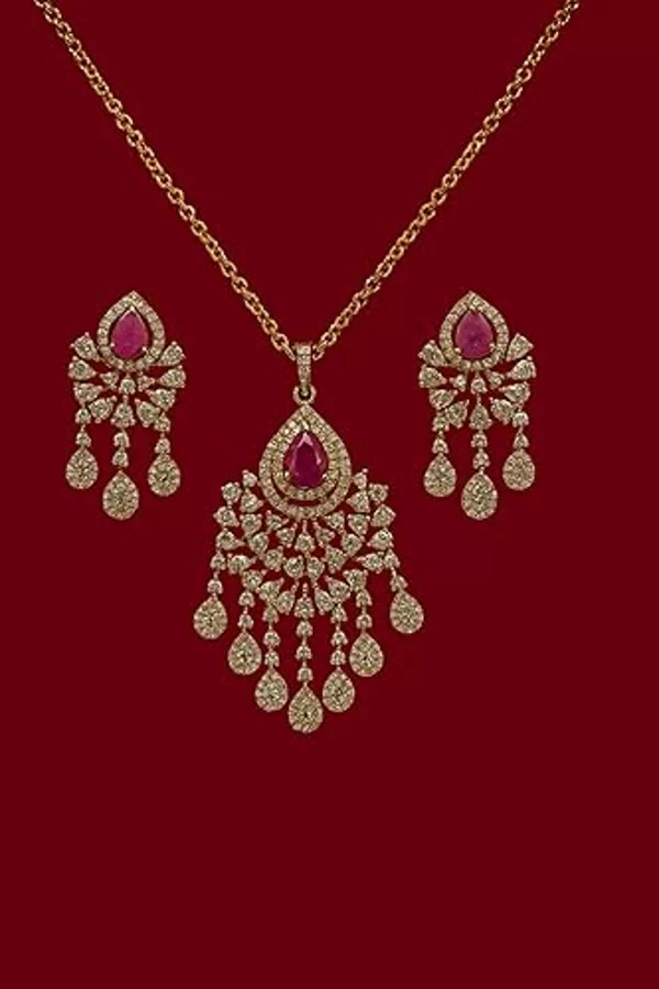 Luxury Ruby and Diamond Necklace Earring Set | Gold-Plated Bridal Jewelry for Engagement, Reception, Functions