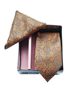 Premium Slik Formal Free Size Microfiber Necktie for Men with A Pocket Square - Mustard Design