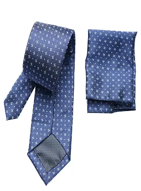 Premium Slik Regular Free Size Necktie for Men with Pocket Square - Navy Blue Foulard Design