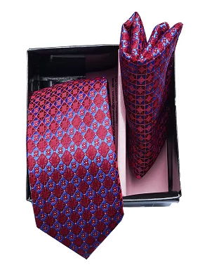 Premium Slik Formal Free Size Polyester Necktie with A Pocket Square for Men - Maroon Geometric Design