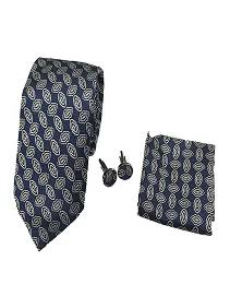 Ultra-Premium Silk Necktie for Men Matching Cufflinks With A Pocket Square - Navy Blue Color, White Floral Design