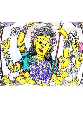 Handmade Pattachitra Painting of Mahishasura Mardini Maa Durga – Traditional Indian Art on Tussar Silk (Unframed, 50 x 25 cm