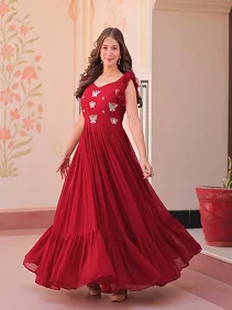 Designer Gown | Women’s Party Wear Gown | Readymade Embroidered Gown | Sleeveless Designer Gown | Embroidered Faux Blooming Gown with Frill Shoulder