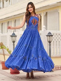 Navratri Gamathi Work Gown for Women | Bandhani Georgette | Real Mirror Work | 12 Meter Flair | Fully Stitched | Blue Gown
