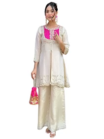 Premium Roman Shimmer Silk Co-ord Set for Women | Casual Wear | Office Wear | Embroidered Coding Sequence with Beads | 2-Piece Stylish Top & Pant Ensemble  | Off White colour Co-ord Set Dress for Women