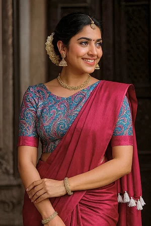 Red, Mul Kashmiri Cotton Saree with Kalamkari Print – Soft Silk Touch Cotton Saree with Beautiful Latkan