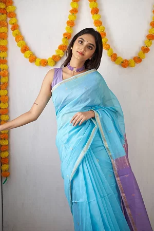 Blue, Lilan Soft Cotton Saree – Elegant Lightweight Saree with Rich Weaving Blouse